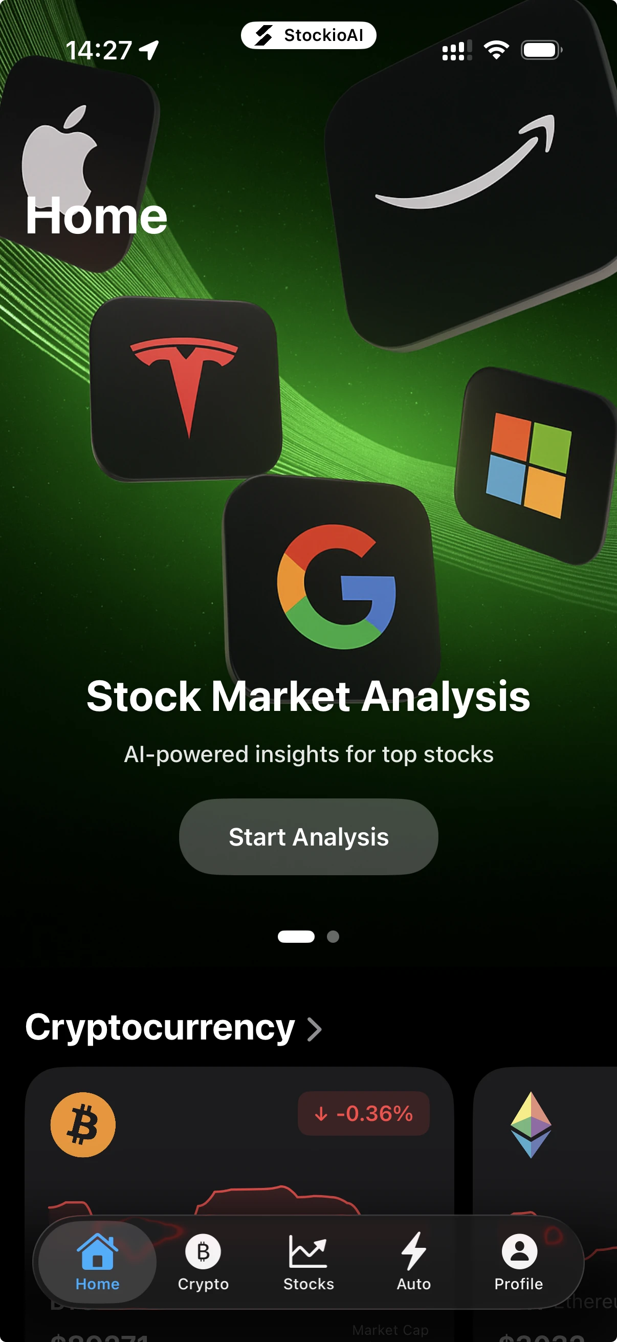 StockioAI iOS app interface showing AI-powered trading signals, real-time charts, position tracking, and push notifications on iPhone