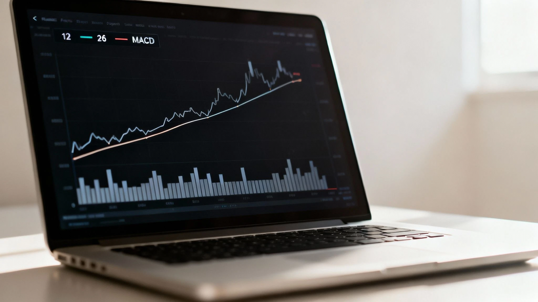 A chart showing the MACD indicator with its key components labeled: the MACD line, the Signal line, and the Histogram, illustrating bullish and bearish crossovers.
